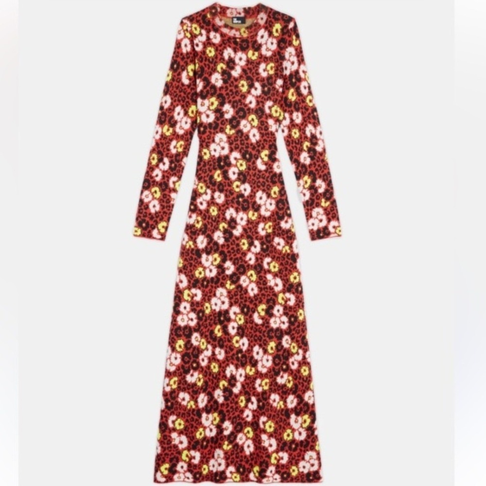 The Kooples Wool Maxi Dress Womens M Floral Leopard Animal Print Red Yellow